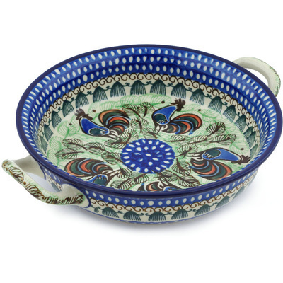 Polish Pottery Round Baker with Handles Medium Rooster Row UNIKAT