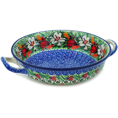 Polish Pottery Round Baker with Handles Medium Scarlet Flora UNIKAT