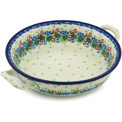 Polish Pottery Round Baker with Handles Medium Snapdragon Bouquet