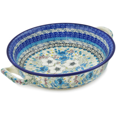 Polish Pottery Round Baker with Handles Medium Solstice Bloom UNIKAT