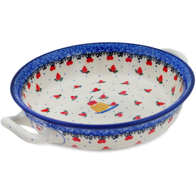 Polish Pottery Round Baker with Handles Medium Strawberry Surprise