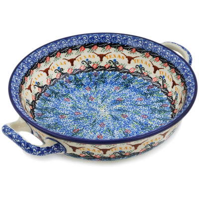 Polish Pottery Round Baker with Handles Medium Texas Feast UNIKAT