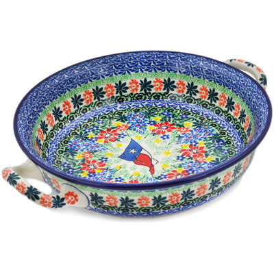 Polish Pottery Round Baker with Handles Medium Texas Flag UNIKAT