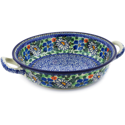 Polish Pottery Round Baker with Handles Medium White Daisy Surprise UNIKAT