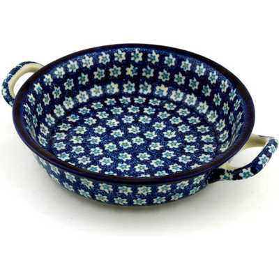 Polish Pottery Round Baker with Handles Medium White Flowers On Blue