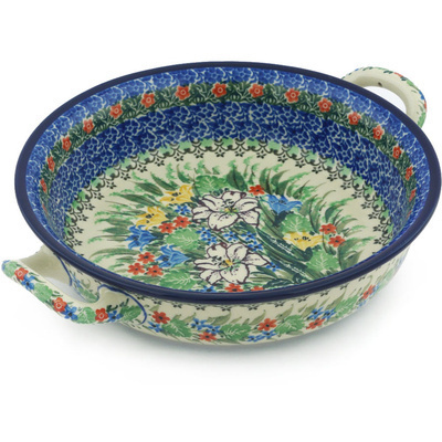 Polish Pottery Round Baker with Handles Medium White Lily Meadow UNIKAT