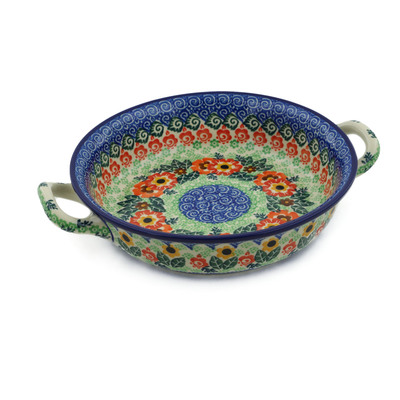 Polish Pottery Round Baker with Handles Medium Wild Poppy Ring UNIKAT