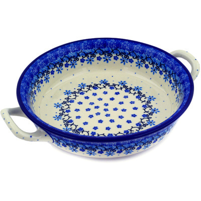 Polish Pottery Round Baker with Handles Medium Winter Star Flowers