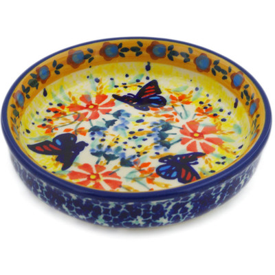 Polish Pottery Round Platter 4&quot; Butterfly Summer Garden UNIKAT