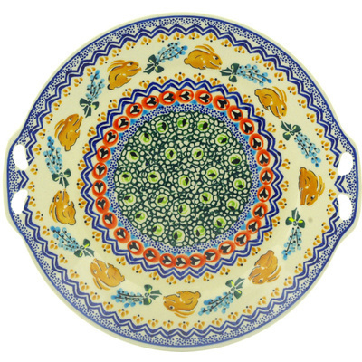 Polish Pottery Round Platter with Handles 10&quot; Bunny Trail