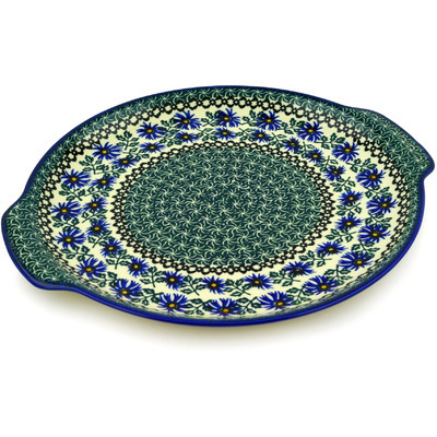 Polish Pottery Round Platter with Handles 13&quot; Blue Chicory