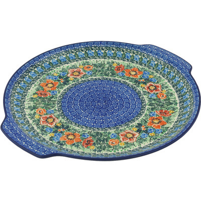 Polish Pottery Round Platter with Handles 13&quot; Blue Daisy Bouquet UNIKAT