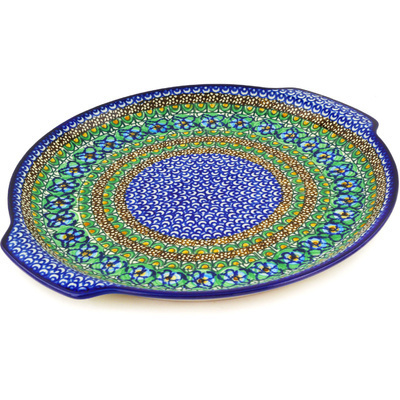 Polish Pottery Round Platter with Handles 13&quot; Mardi Gras UNIKAT