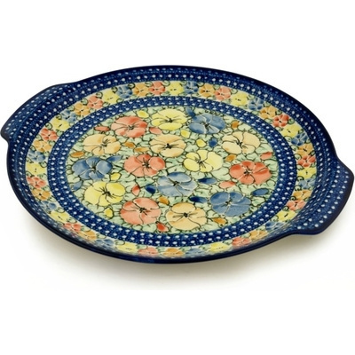 Polish Pottery Round Platter with Handles 13&quot; Pansy Pop UNIKAT
