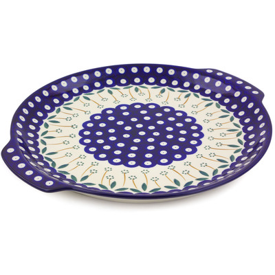 Polish Pottery Round Platter with Handles 13&quot; Pushing Daisy Peacock