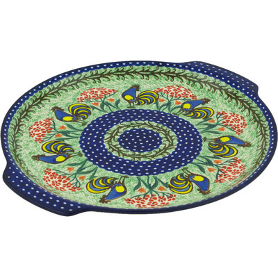 Polish Pottery Round Platter with Handles 13&quot; Rooster Dance UNIKAT