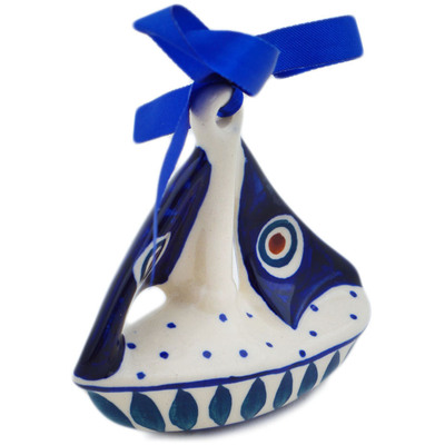 Polish Pottery Sailboat Ornament 3&quot; Peacock Leaves