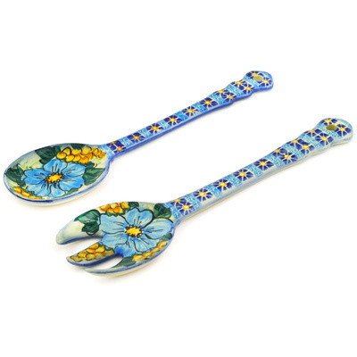 Polish Pottery Salad Spoon and Fork Set 10&quot; Corn In The Blue UNIKAT
