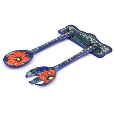 Polish Pottery Salad Spoon and Fork Set 12&quot; French Bouquet UNIKAT