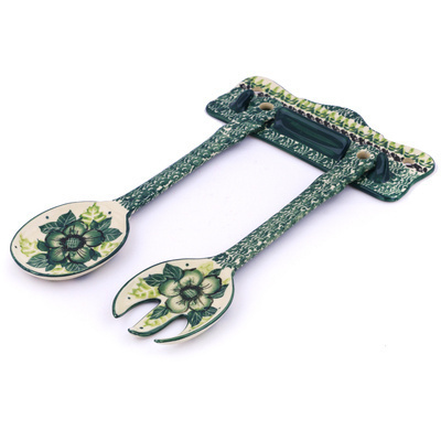 Polish Pottery Salad Spoon and Fork Set 12&quot; Green Bouquet UNIKAT