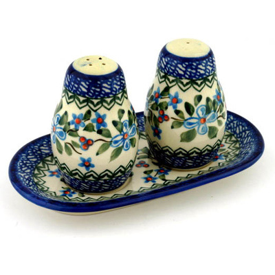 Polish Pottery Salt and Pepper 3-Piece Set Azure Blooms