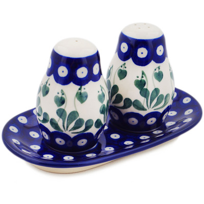 Polish Pottery Salt and Pepper 3-Piece Set Bleeding Heart Peacock