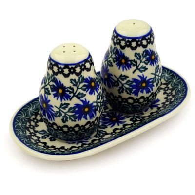 Polish Pottery Salt and Pepper 3-Piece Set Blue Chicory