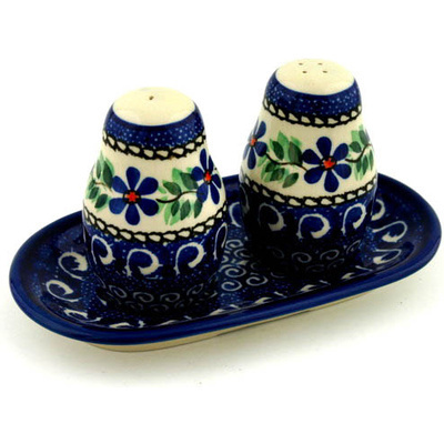 Polish Pottery Salt and Pepper 3-Piece Set Blue Daisy Swirls