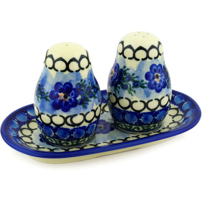 Polish Pottery Salt and Pepper 3-Piece Set Blue Delight UNIKAT