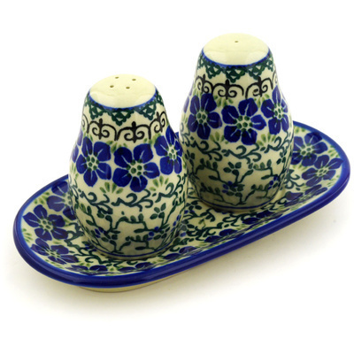 Polish Pottery Salt and Pepper 3-Piece Set Blue Dogwood