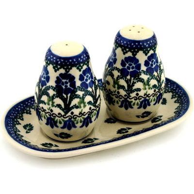 Polish Pottery Salt and Pepper 3-Piece Set Blue Lace