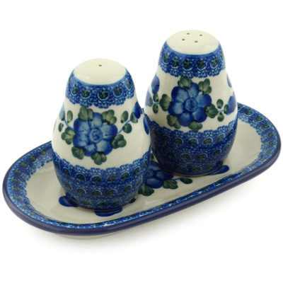 Polish Pottery Salt and Pepper 3-Piece Set Blue Poppies