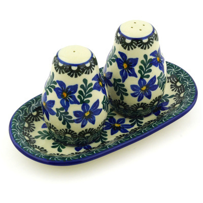 Polish Pottery Salt and Pepper 3-Piece Set Blue Violets