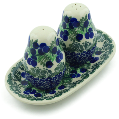Polish Pottery Salt and Pepper 3-Piece Set Blueberry Fields Forever