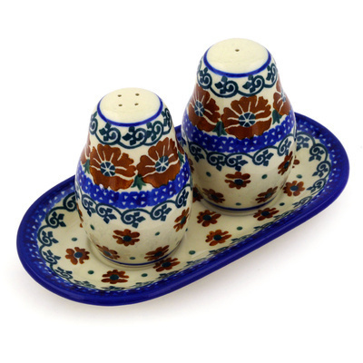 Polish Pottery Salt and Pepper 3-Piece Set Brown Poppies