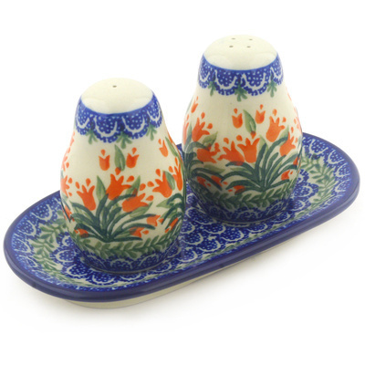 Polish Pottery Salt and Pepper 3-Piece Set Crimson Bells