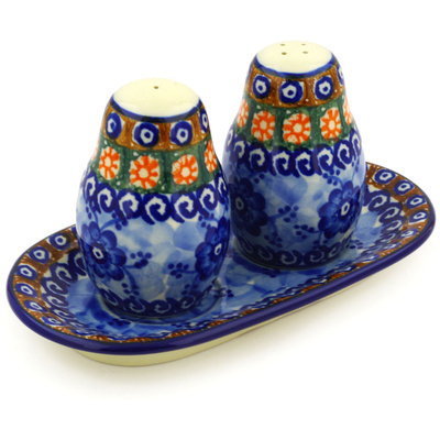Polish Pottery Salt and Pepper 3-Piece Set Dancing Blue Poppies UNIKAT