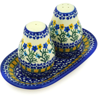 Polish Pottery Salt and Pepper 3-Piece Set Field Of Wildflowers
