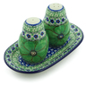 Polish Pottery Salt and Pepper 3-Piece Set Green Pansies UNIKAT