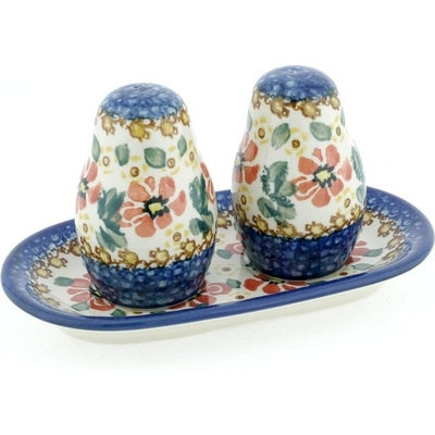 Polish Pottery Salt and Pepper 3-Piece Set Hidden Sunflower UNIKAT