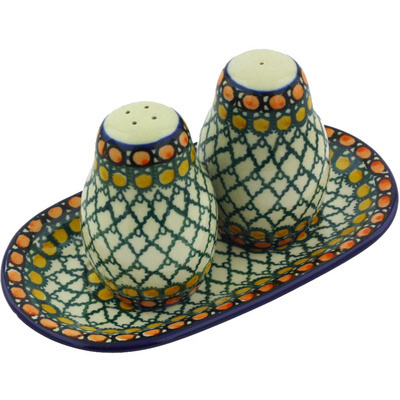 Polish Pottery Salt and Pepper 3-Piece Set Orange Tranquility UNIKAT