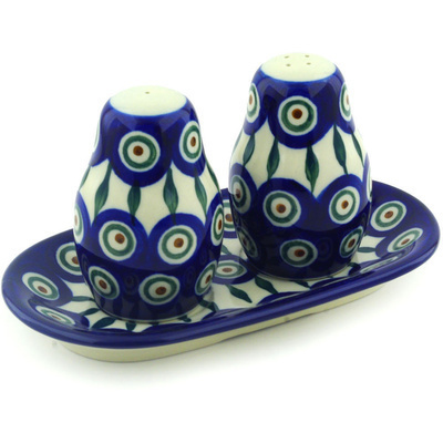 Polish Pottery Salt and Pepper 3-Piece Set Peacock Leaves