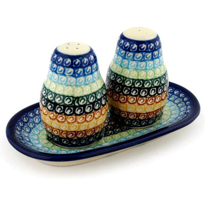 Polish Pottery Salt and Pepper 3-Piece Set Rainbow Swirl