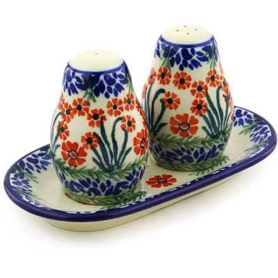 Polish Pottery Salt and Pepper 3-Piece Set Red April Showers