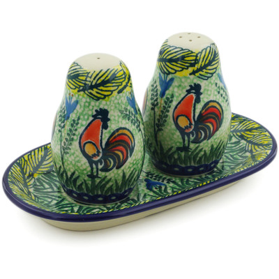 Polish Pottery Salt and Pepper 3-Piece Set Rooster Parade UNIKAT