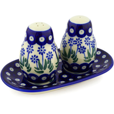 Polish Pottery Salt and Pepper 3-Piece Set Springing Calendulas