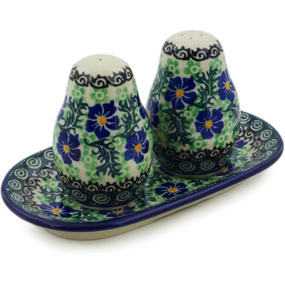 Polish Pottery Salt and Pepper 3-Piece Set Swirling Emeralds