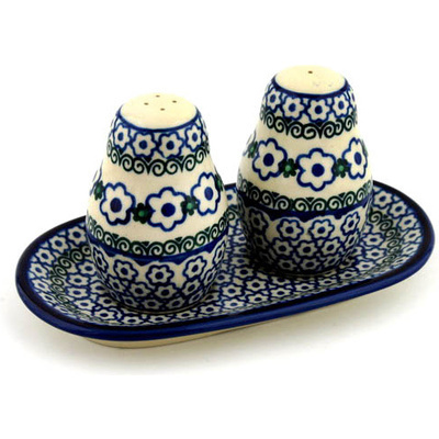 Polish Pottery Salt and Pepper 3-Piece Set White Daisy Dots