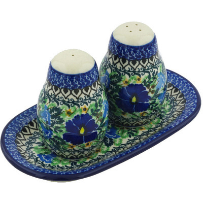 Polish Pottery Salt and Pepper 3-Piece Set Wind Blown Blue Bells UNIKAT
