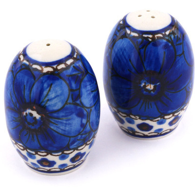 Polish Pottery Salt and Pepper Set 2&quot; Cobalt Poppies UNIKAT